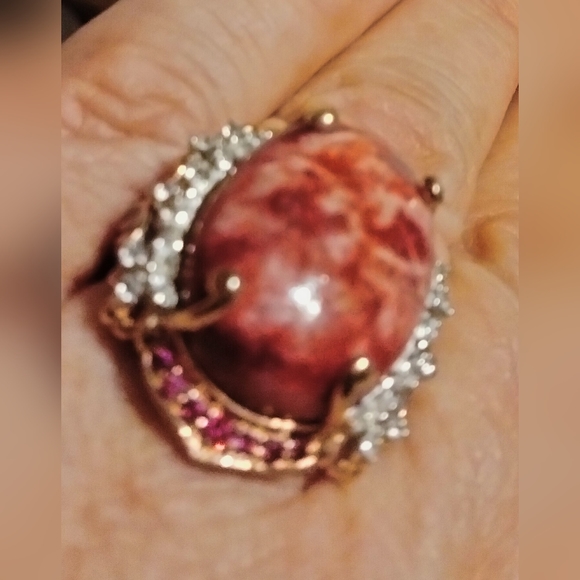 Norwegian Thulite Multi Gemstone Ring in Vermeil RG and Platinum O/Sterling Silv - Picture 2 of 8